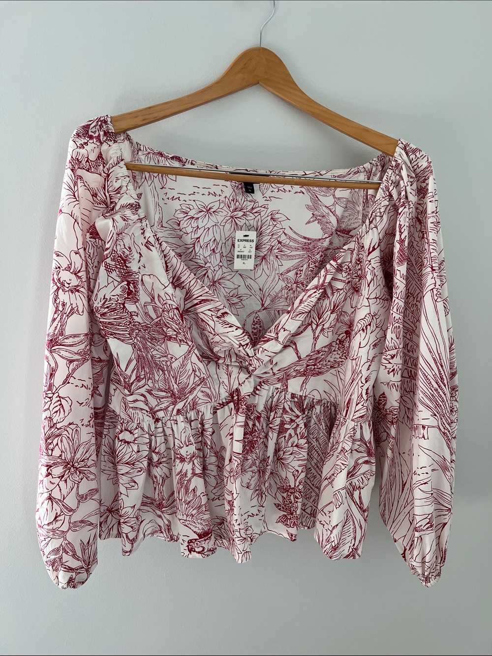Express | 100% Cotton White Blouse with Burgundy Floral Line Print NWT Size XL